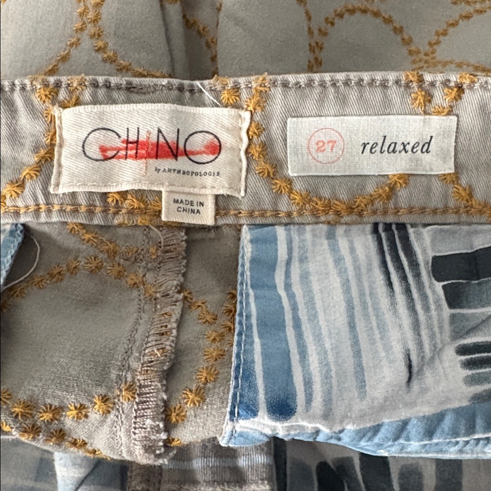 ANTHROPOLOGIE Chino Embroidered Circles Relaxed Fit Pants Tan/Blue/Gold Size 27 - Picture 12 of 12